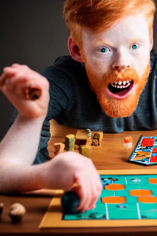 Image similar to 3 / 4 body photo of a young ginger men with disgusting! teeth, playing a boardgame, nerdy appearance, smooth, sharp, 8 5 mm, f / 1. 3