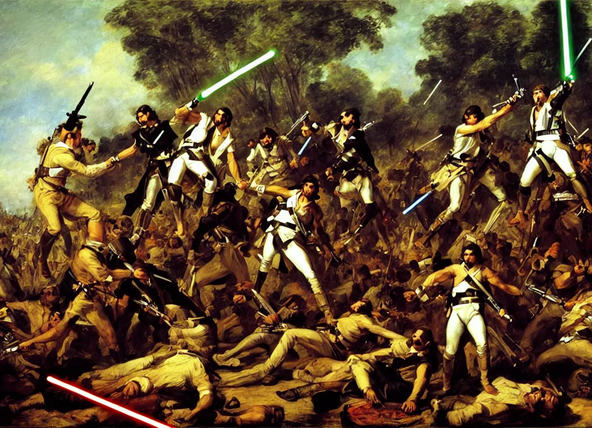 Image similar to liberty leading the people, french revolution, eugene delacroix, jedi, lightsaber, ewoks, at - st, tie - fighter, endor forest, oil on canvas