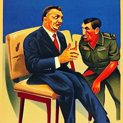 Prompt: viktor orban sitting in the lap of stalin, soviet propaganda poster art from 1 9 5 0