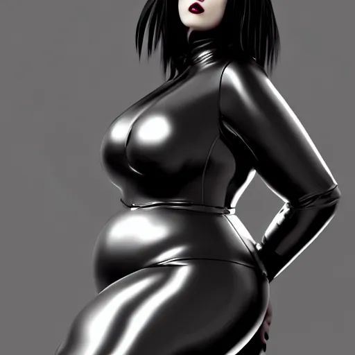 Image similar to curvy feminine goth bombshell in a sublime elegant polished black-silver latex outfit, thin waist, cgsociety, photorealistic, enticing ambience, idealistic, 16k, smooth, sharp focus, trending on ArtStation, volumetric lighting