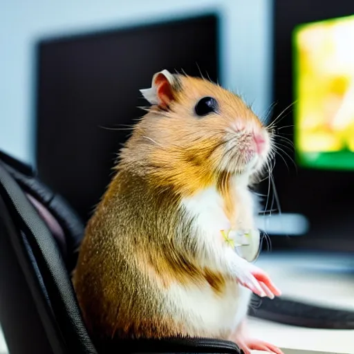 Image similar to hamster sitting on gaming chair in front of monitor.