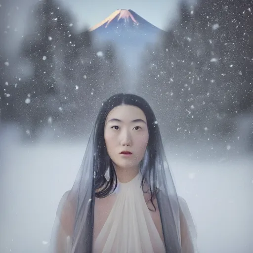 Image similar to coherent symmetrical face, a instax photo of fuji mountain, a tall japanese girl in a transparent sheer fabric dress against the background of fuji mountain, severe snow, full body shot, perfect symmetrical body, coherent symmetrical eyes, by peter kemp, by monia merlo, hyperrealistic, hyperdetailed, octane render, 8 k