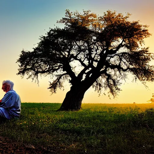 Prompt: 8k photograph. old man sitting under an oak tree he planted as a child. National Geographic. Sunset. Nature.