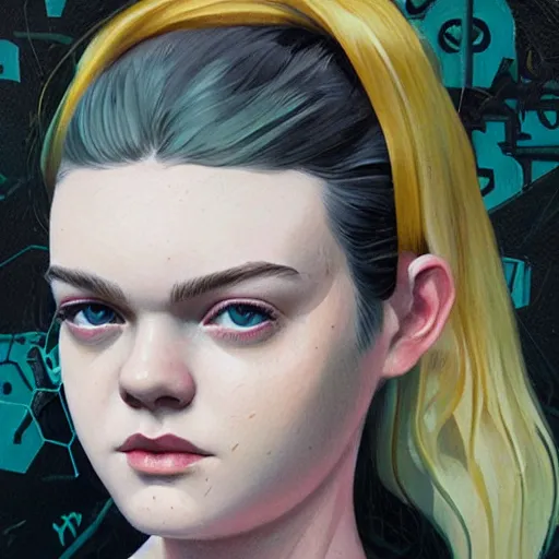 Prompt: Elle Fanning in Splinter Cell picture by Sachin Teng, asymmetrical, dark vibes, Realistic Painting , Organic painting, Matte Painting, geometric shapes, hard edges, graffiti, street art:2 by Sachin Teng:4