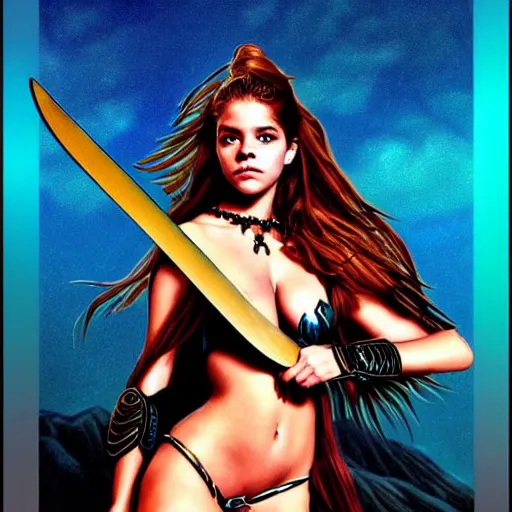 Prompt: barbara palvin posing as an amazon holding a sword, volcanic background, 1 9 8 0's art, retro art, airbrush style, intricate, elegant, sharp focus, illustration, highly detailed, concept art, matte, sharp focus, art by peter palombi