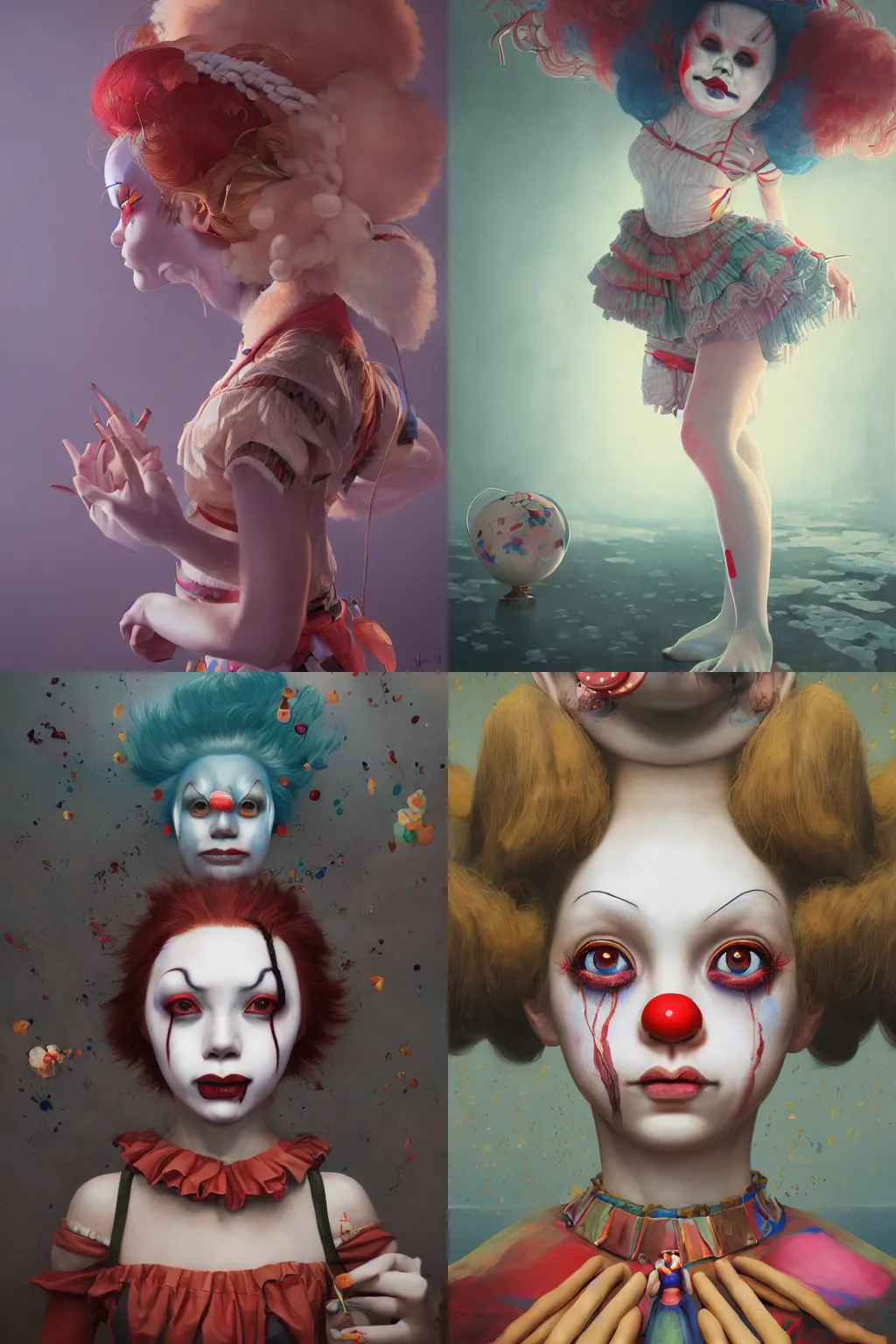 Image similar to breathtaking detailed painting of clown girl , with anxious, piercing eyes, Atari game cover art by Hsiao-Ron Cheng, James jean, Miho Hirano, Hayao Miyazaki, extremely moody lighting, hyperrealistic, octane render, RPG portrait, ambient light, dynamic lighting