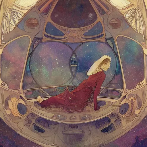 Image similar to a beautiful intricate watercolor illustration of an interior of space ship, 4 k, ultra - wide angle, by william turner, by victo ngai, by alphonse mucha, by miho hirano, by moebius, hd, trending on artstation, hyper detailed, muted colors