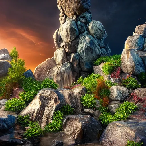 Prompt: a closeup photorealistic photograph of a rock tower with water drops, fantastic four theme.. bright scene. fine detail. this 4 k hd image is trending on artstation, featured on behance, well - rendered, extra crisp, features intricate detail, epic composition and the style of unreal engine.