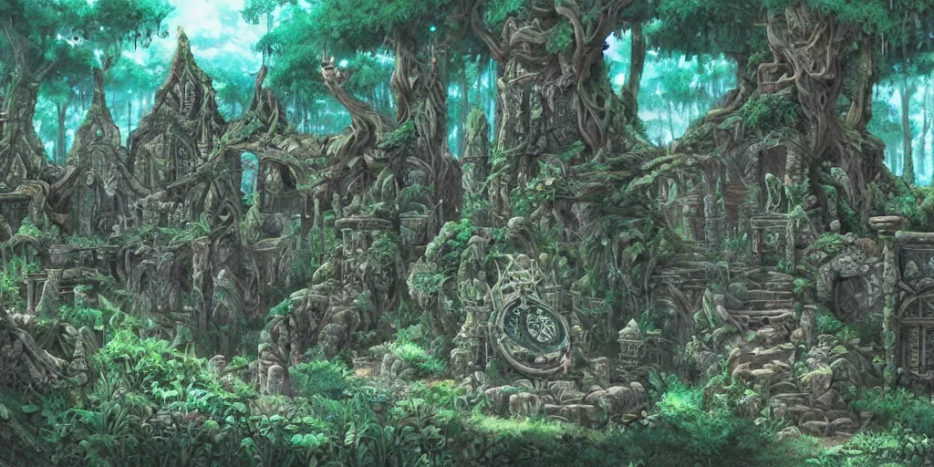 Prompt: ancient magical overgrown ruins, mysetrious etherial mesmerizing atmosphere, beautiful lighting, secret runestones, nordic forest, extremely intricate, hyper detailed, hd, legend of zelda, studio ghibli art, masterpiece