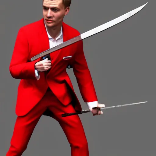 Prompt: Ibai Llanos wearing a red suit and holding a sword, super realistic, 8k, soft lights