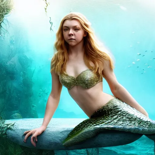 Image similar to natalie dormer as a mermaid, highly detailed award winning fantasy photography, backlit, album cover