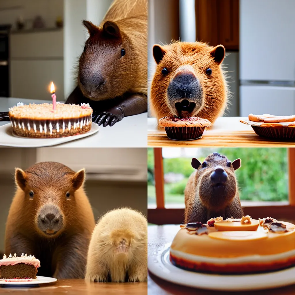 Prompt: capybara eating a birthday cake in a brightly lit kitchen