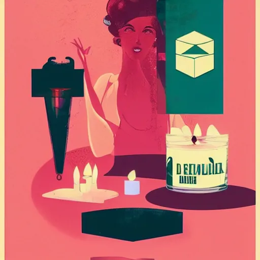 Image similar to illustration with a set of beautiful scented candles by tomer hanuka, an art deco painting by tom whalen, trending on behance, art deco, digital illustration, storybook illustration, grainy texture, flat shading, vector art, airbrush, pastel, watercolor, poster