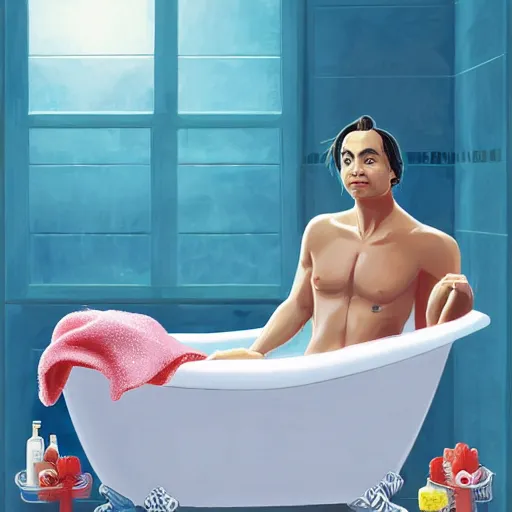 Prompt: Frank Dillane taking a bubble bath in an old-fashioned bathtub, bubbles, bashful, shy, adorable, shower cap, rubber ducky, union jack bath towel, beer bottle, artgerm, disney colors, artstation, epic composition, award winning artwork, trending on artstation, high quality printing, Ilya Kuvshinov, very coherent