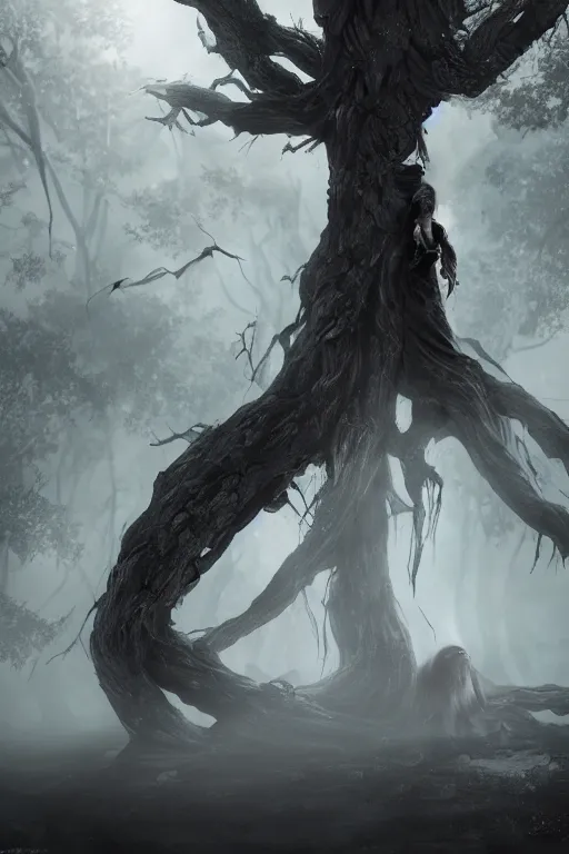 Image similar to plasma body, anime spectral female character, emerge from big old creepy tree, mist aura, black eyes melt, full body portrait, photorealistic, volumetric lighting, octane rendering, dark and mysterious, atmospheric, ominous, creepy, cinematic, real, concept art, Epic, 8k, 4k, ultra detail, ultra realistic, trading art station, rendered by awesomeness