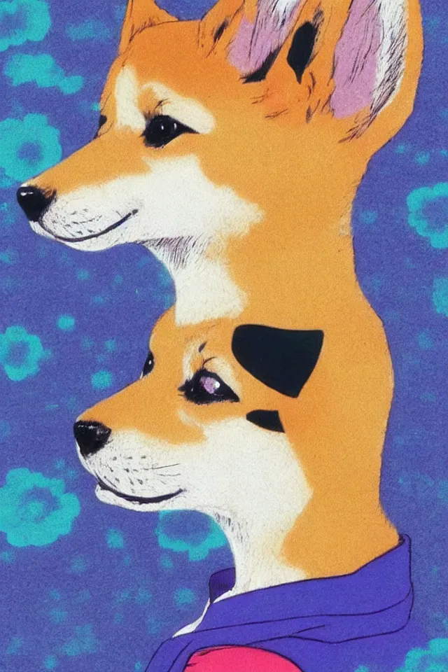 Prompt: a portrait of a shiba inu, in the art style of 8 0 s anime, japanese city pop color palette, naoko takeuchi, hajime yatate