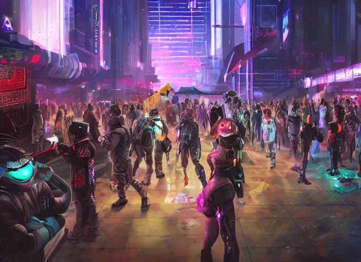 Image similar to high - resolution photograph from a cyberpunk era furry fandom convention ( midwest furfest 2 0 4 7 ), taking place after the genetic revolution and quantum singularity. photorealistic.