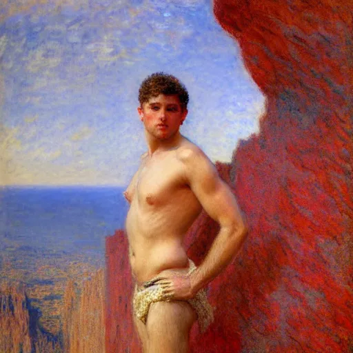Image similar to an attractive male standing on a cliff, looking out at a red ocean, by gaston bussiere, craig mullins, j. c. leyendecker, claude monet