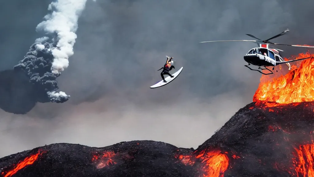 Image similar to person wearing a sponsored team jersey with logos jumping out of a helicopter with a surfboard into a volcano, action shot, dystopian, thick black smoke and fire, sharp focus