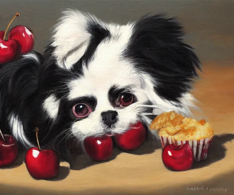 Image similar to white and black japanese chin dog eating cherry muffins, oil painting