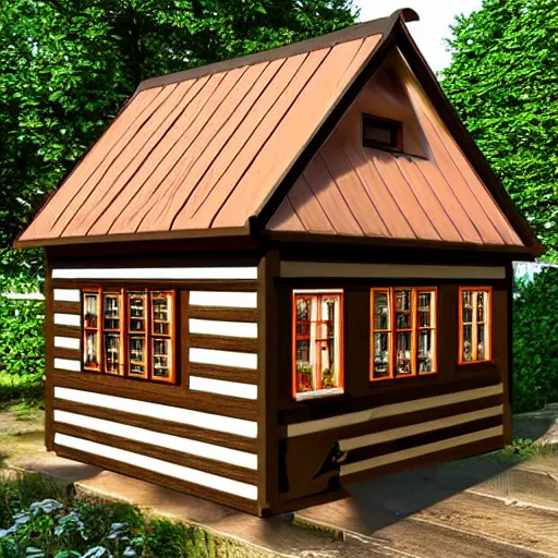 Prompt: small wooden german garden house, brown, plastic roofed veranda with brown wood side fence, rembrandt style painting, extremely wide angle