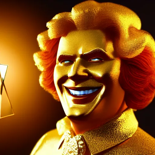 Image similar to A still of Ronald McDonald surrounded by gold and diamonds, Award-winning, photograph, 3d render, unreal engine, 4k detailed