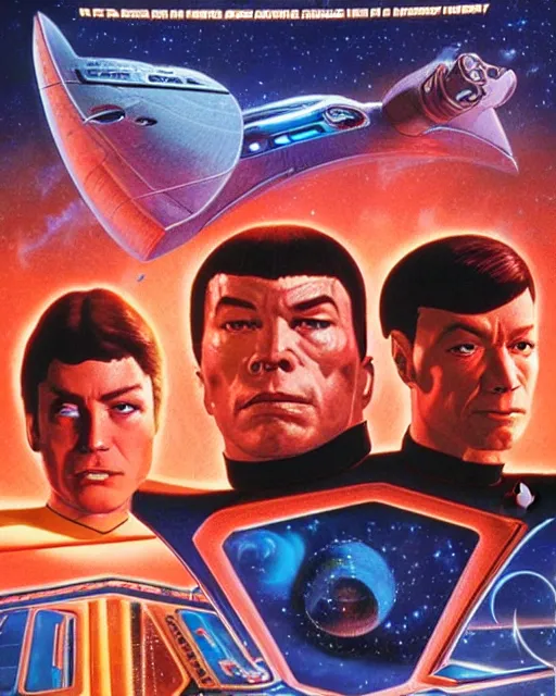 Prompt: movie poster for a star trek movie from 1 9 8 3, greg hildebrandt, drew struzan