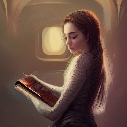 Image similar to a girl reading book, sci-fi, glossy eyes, face, long hair, fantasy, intricate, elegant, highly detailed, digital painting, artstation, concept art, smooth, sharp focus, illustration