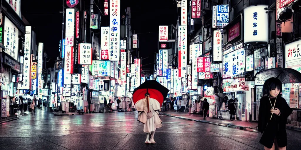 Prompt: A japanese girl holding an umbrella in the neon-lit streets of Osaka at night. Award winning photo