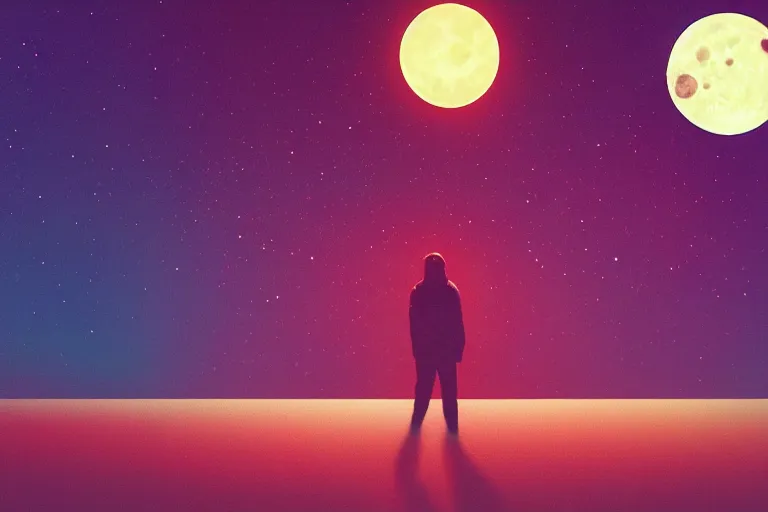 Prompt: a sad human standing on mars in the style of flooko, acrylic art, detailed, moonlight, red lighting, bokeh, synthwave, psychedelic, glitch, neon,