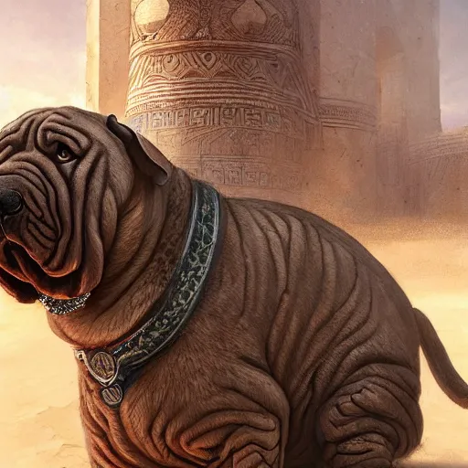 Image similar to A big shar pei dog wearing mesopotamian battle armor, D&D, highly detailed, digital painting, artstation, concept art, sharp focus, illustration, cinematic lighting, art by artgerm and greg rutkowski and alphonse mucha