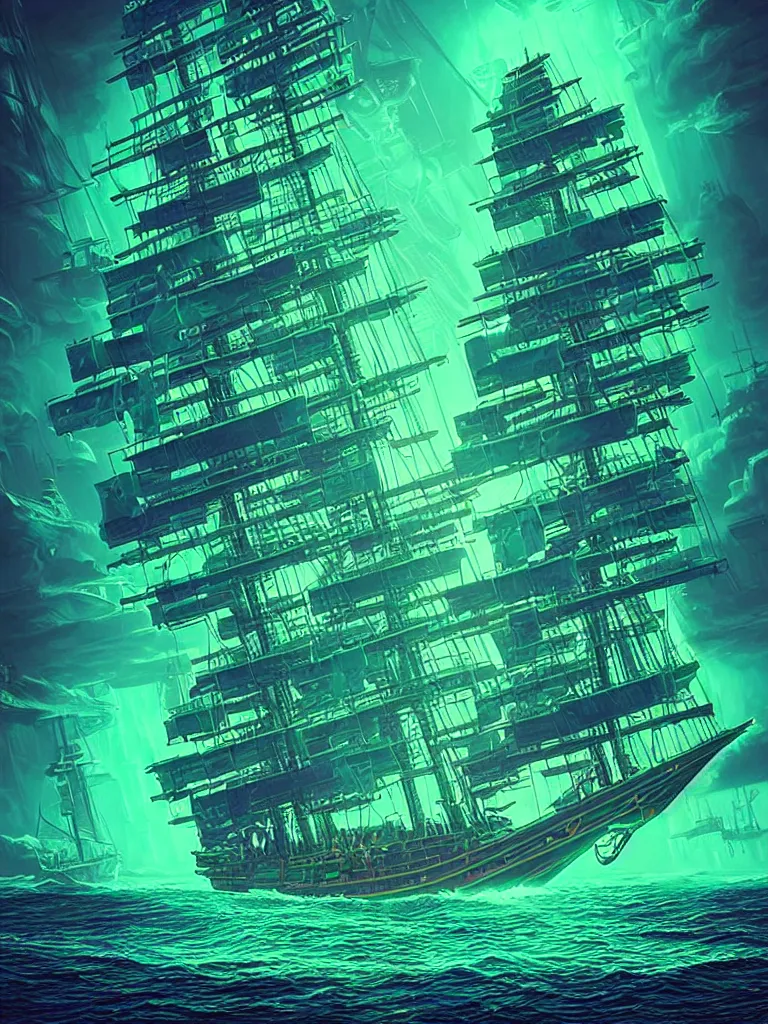 Image similar to an epic looking cyberpunk pirate ship with neon sails, sailing in ocean waves made of neon green and teal matrix code, highly detailed digital by rob gonsalves, intricate, hyperrealistic, fantasy sci - fi, volumetric lighting, neon ambiance, bright colors, lens flare, 6 point perspective