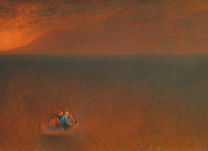 Prompt: a haunting landscape with wandering blobby orange wraiths, painting by jean delville,