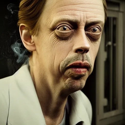 Image similar to hyperrealistic mixed media image of steve buscemi smoking a cigarette standing in front of a train, stunning 3 d render inspired art by xiang duan and thomas eakes, perfect facial symmetry, immaculate complexion, realistic, highly detailed attributes and atmosphere, dim volumetric cinematic lighting, 8 k octane detailed render, post - processing, masterpiece,