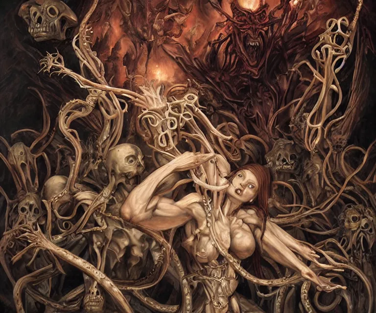 Image similar to elegant renaissance painting of sorceress final boss bodybuilder vecna battle, art by alex ross and peter mohrbacher, epic biblical depiction, flesh and bones, fangs, teths and tentacles, corpses and shadows!