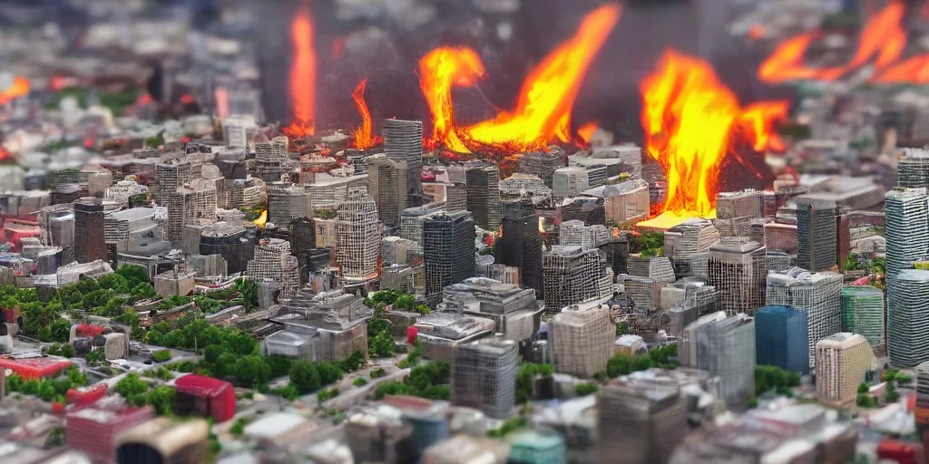 Prompt: a miniature diorama of downtown montreal with volcano mount - royal erupting, olympic stadium on fire, macro photography, tilt shift