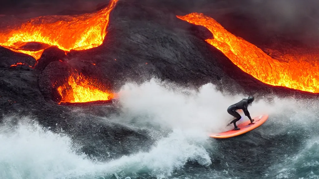 Prompt: person wearing a sponsored team jersey with logos surfing down a river of lava on the side of a volcano on surfboard, action shot, dystopian, thick black smoke and fire, sharp focus