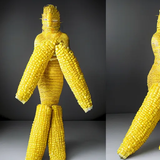 Image similar to full body photo of jennifer lopez, she is wearing a fashionist costume of corn on a cob, studio lighting, corn on a cob everywhere