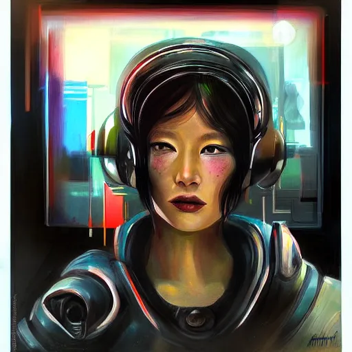 Image similar to a beatiful painting of portrait, Irobot, cyberpunk, by Mizuri AU, trending on artststion