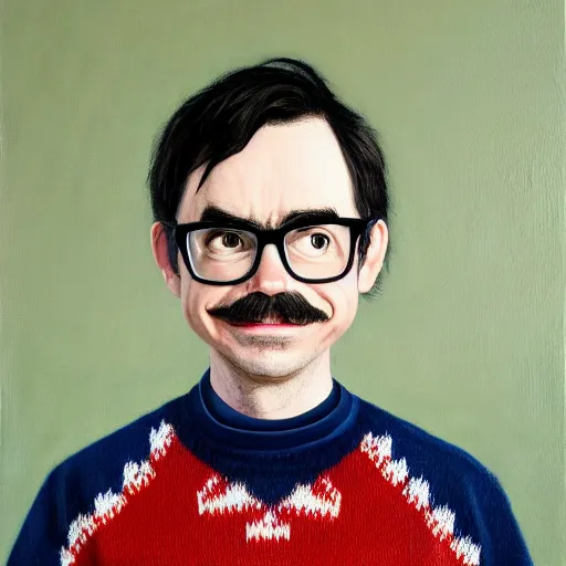 Prompt: An Oil Painting of Rivers Cuomo in a sweater with long hair and a mustache playing his piano in an apartment as a nuke drops onto the city outside his window next to him, hyperrealistic, extremely realistic, highly realistic, HD Quality, 4k resolution, 8k resolution, Detailed, Very Detailed, Highly Detailed, Extremely Detailed, Intricate Details, Real, Very Real, Oil Painting, Digital Painting, Painting, Trending on Deviantart, Trending on Artstation