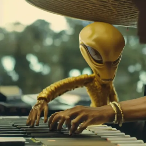 Image similar to cinematic film still of Pharrell Williams Making A Beat with an anthropomorphic alien, Japanese VFX, 2018, 400mm lens, f1.8, shallow depth of field,film photography