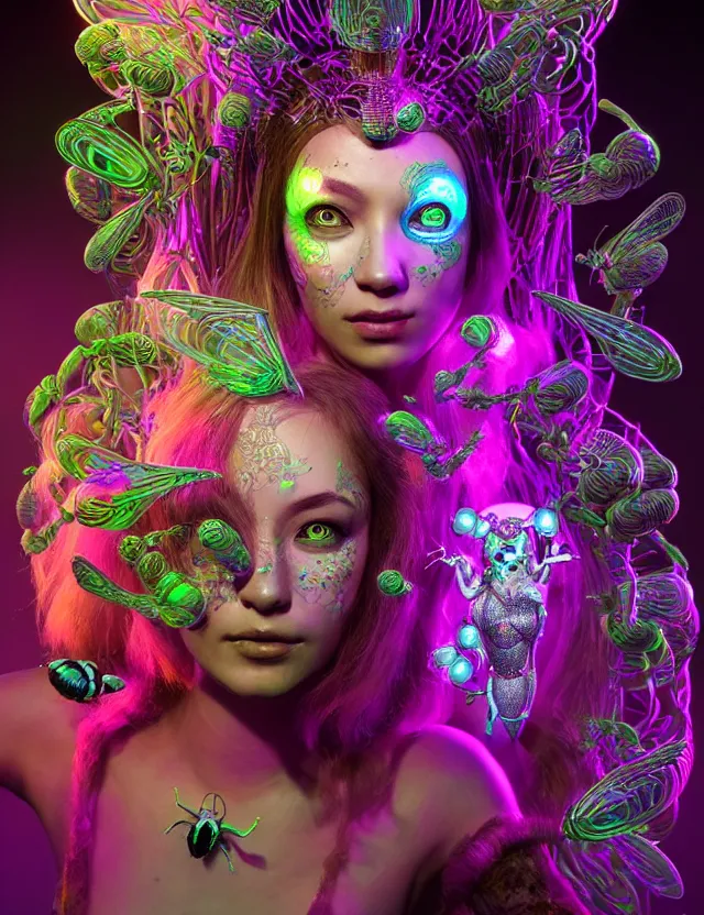 Prompt: 3 d goddess medium shot portrait with hyperdimensional mycorrhizal implants. beautiful intricately detailed avante garde bee mask and retrowave sorceress outfit. glowing bio luminescent, water, pulse projections, creature, artwork by tooth wu and wlop and android jones and beetle and greg rutkowski