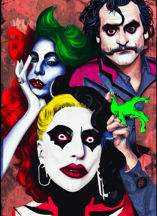 Image similar to lady gaga harley queen and joaquin phoenix joker by mimmo rottela and bengus and banksy