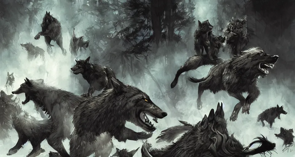 Image similar to WOLVES AND THEIR TREASURES. By Travis Charest, James Gurney, and Ashley Wood. dramatic lighting. Magic the gathering. digital painting.