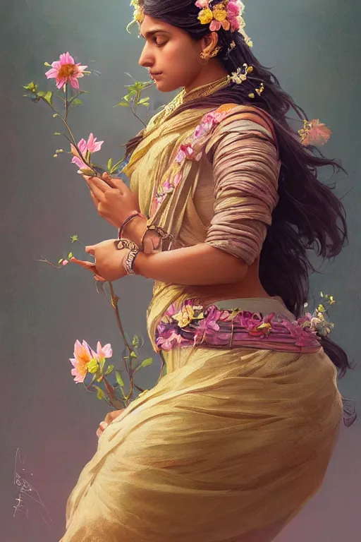 Image similar to ultra realistic illustration, indian girl with flowers blossoming from helmet, elegant, highly detailed, digital painting, concept art, smooth, sharp focus, illustration, art by artgerm and greg rutkowski and alphonse mucha