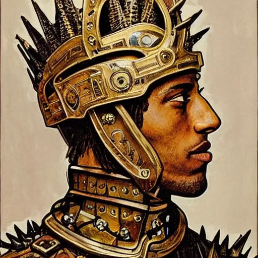 Prompt: beautiful and detailed portrait of travis scott as a knight, profile view, side view, kaldor helmet, skull - shaped visor, no mandible, royal crown with big spikes, plate armor, stained glass art, by alphonse mucha, red mosaic background, very masterful