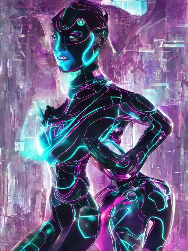 Image similar to a computer virus woman from Tron, wild, choatic villainess, femme fatale, corrupted data surrounds her, character design by jack kirby and syd mead, full color, full 3d environment, glowing datascape, intricate complexity, detailed portrait, intricate complexity, artgerm and artstation trending, quixel megascan, 5k