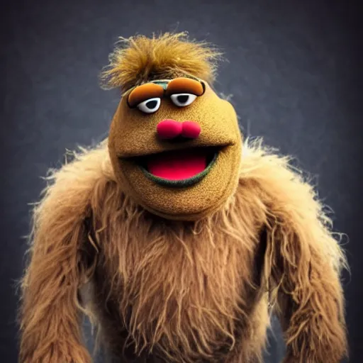 Image similar to a still of a forgotten muppet character looking very manly and modern, hilarious, laughing, hairy chest, huge chin, manly monster tough guy, roughled fur, photo real, photographic, photograph, artstation, trending, featured