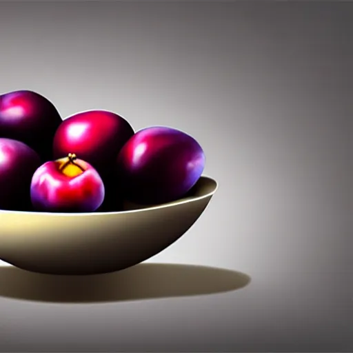 Prompt: concept art drawing of a single thick porcelain bowl filled with a few moist freshly picked plums on a wooden table. volumetric lighting. small scale. artistic. top down.