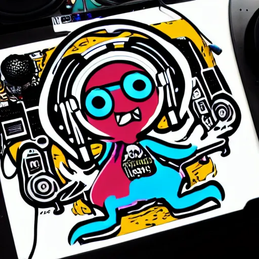 Image similar to svg sticker of a Pop-Wonder Alien-Bog-Monster-Swamp-Rat-Thunder-Coot-Racing-Fan at a rave, spinning records, giant headphones rocking out, wearing headphones, huge speakers, dancing, rave, DJ, spinning records, digital art, amazing composition, rule-of-thirds, award-winning, trending on artstation, featured on deviantart